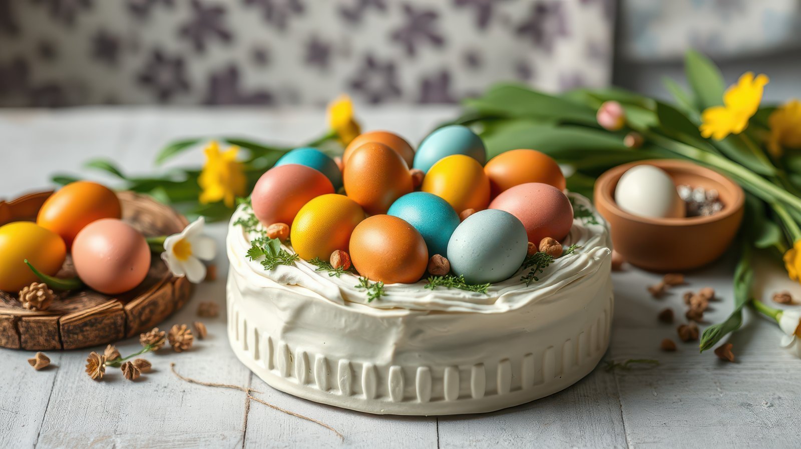 Colorful easter eggs on a cream cake surrounded by spring flowers and decorative elements
